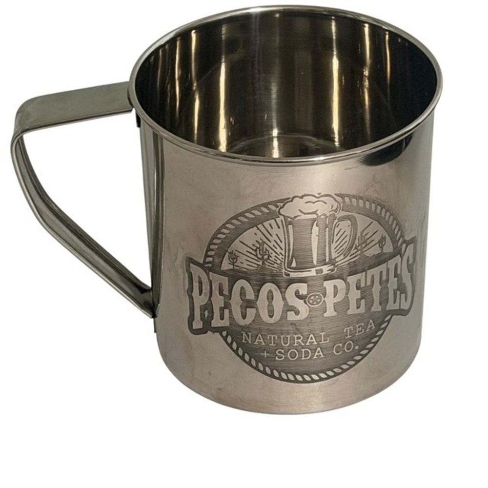 Pecos Petes Natural Tea & Soda Co Stainless Steel Mug Silver Western Star‎ Logo